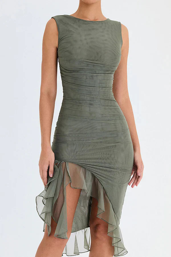 Bootsausschnitt-Rüschen-Sheath-Kleid mit elegantem Design Für Frauen