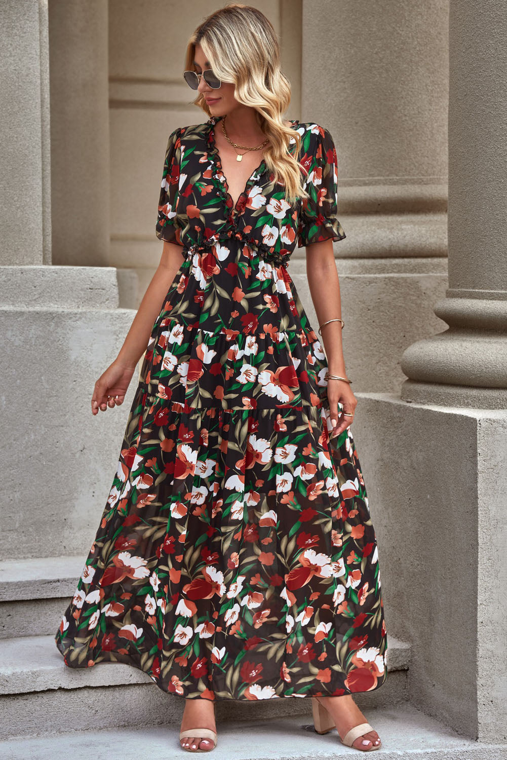 Emsira | Florales V-Ausschnitt-Kleid mit Volantärmeln