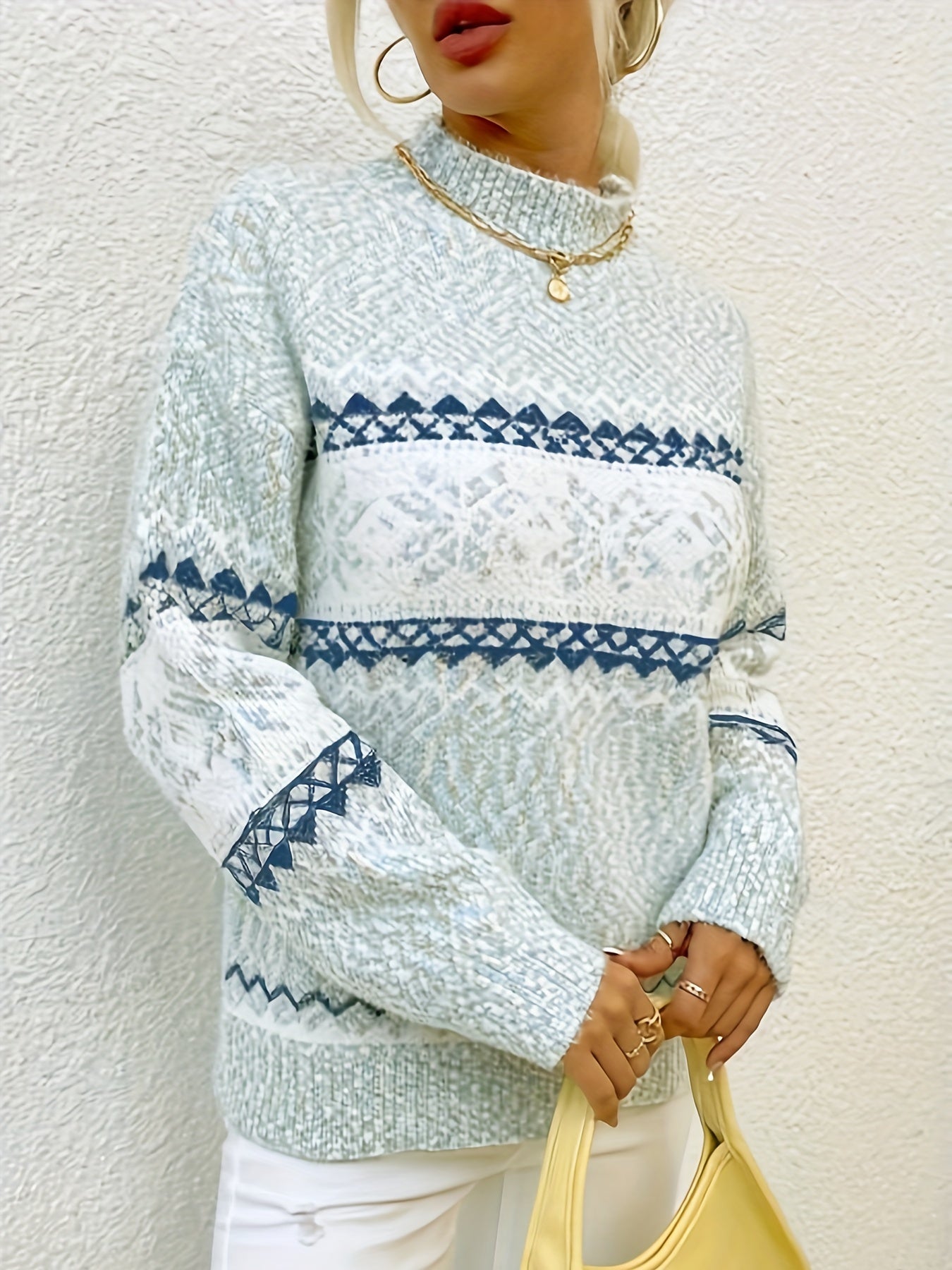 Gemütlicher Schneeflocken-Pullover Mit Stehkragen Für Frauen