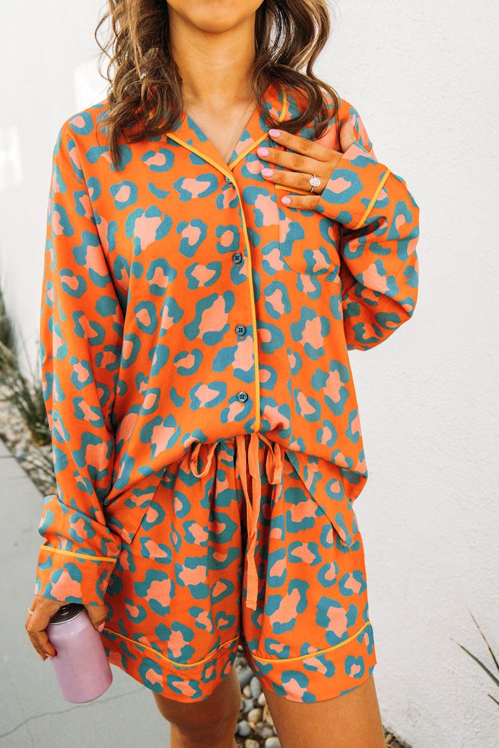 Langarm-Pyjama-Set mit Leopardenmuster in Orange Für Frauen