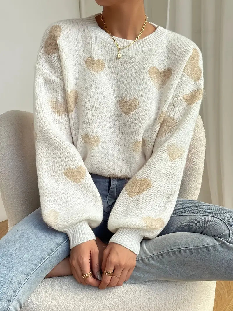 Strickpullover Mit Herzmuster Und Süßem Akzent Für Frauen