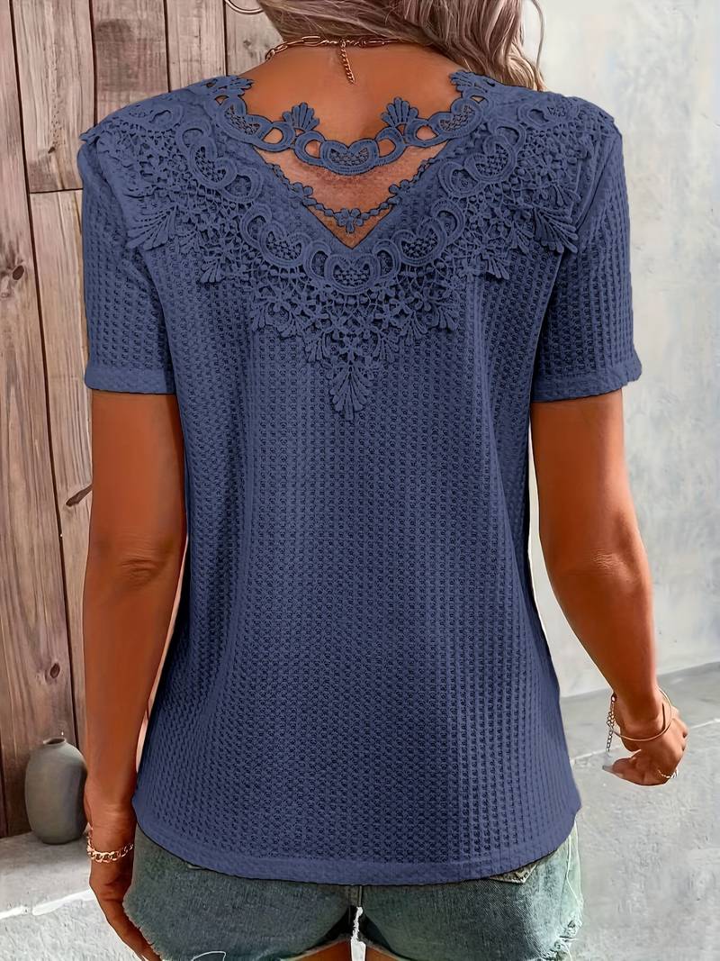 T Shirt aus kontrastierender Spitze mit Rundhalsausschnitt für Frauen