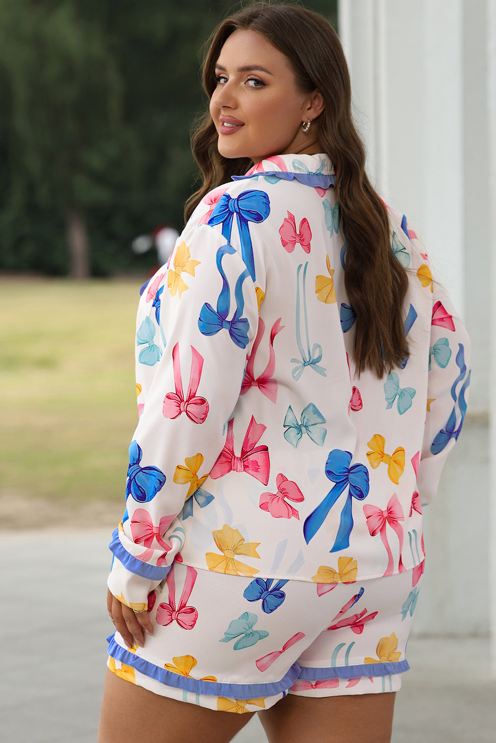 Himmelblaues Pyjama-Set mit Schleifenmuster Für Frauen