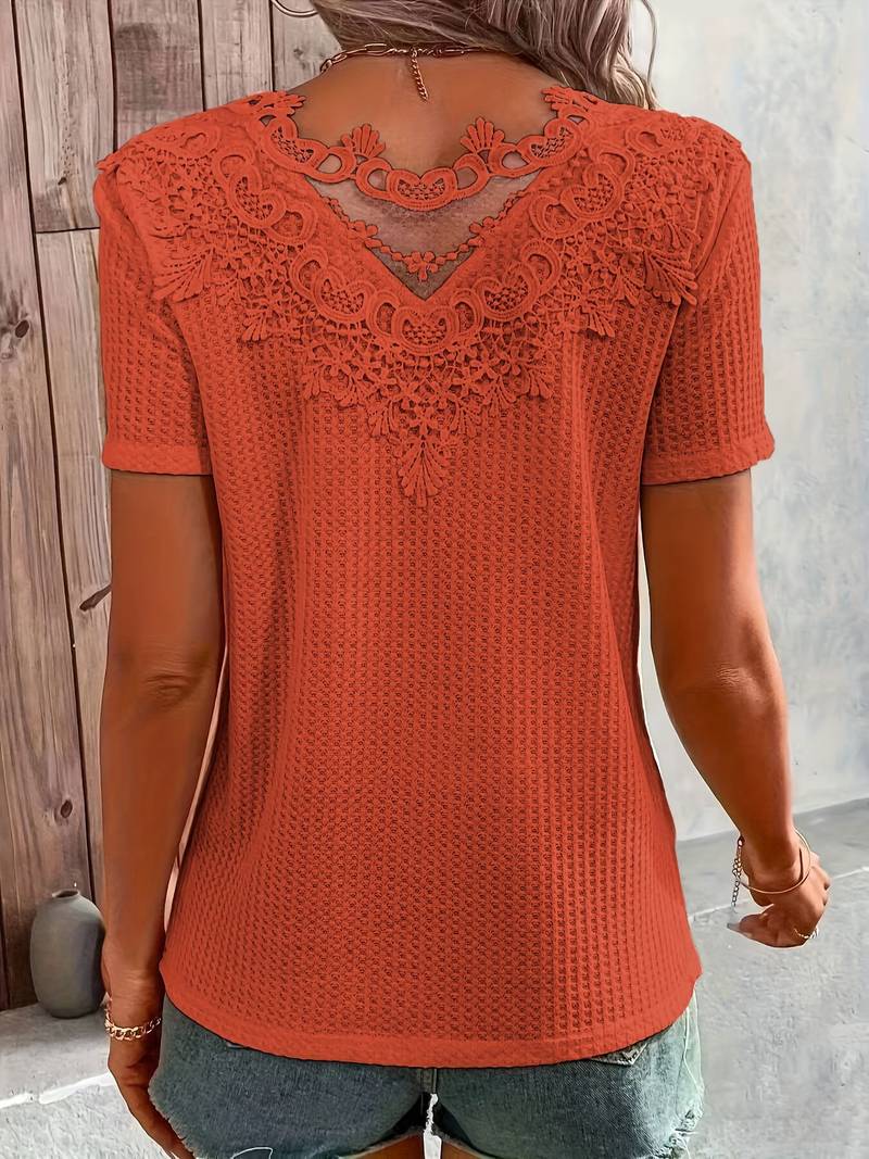 T Shirt aus kontrastierender Spitze mit Rundhalsausschnitt für Frauen