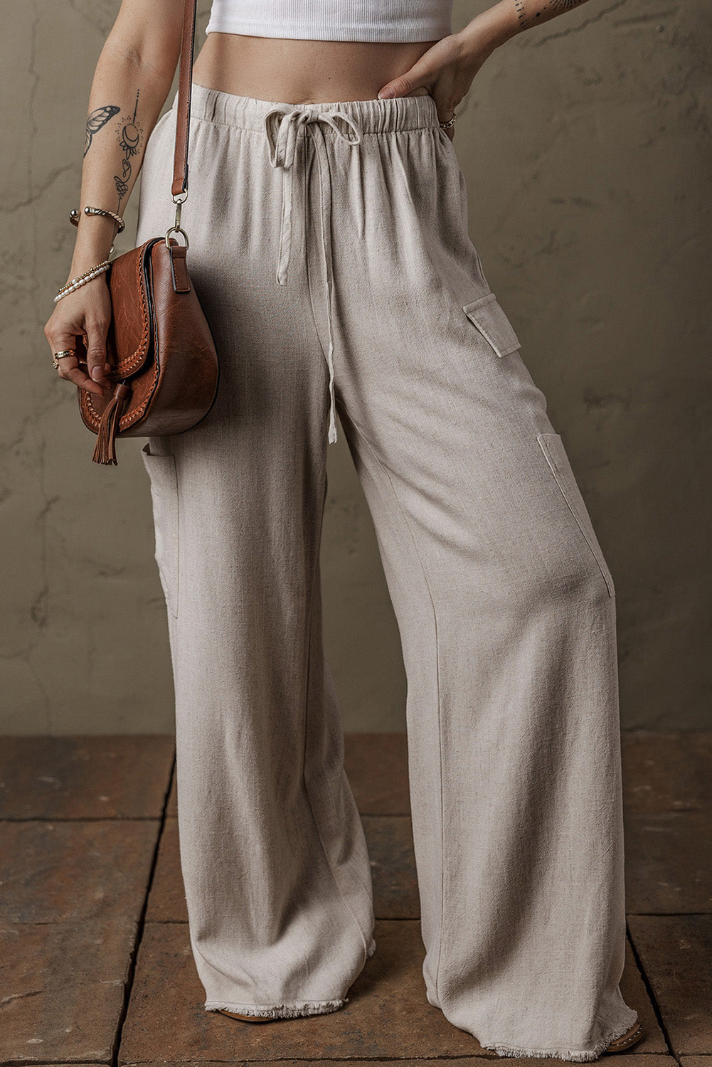 Beige Locker Sitzende Boho-Leinen Cargo-Hose Für Frauen