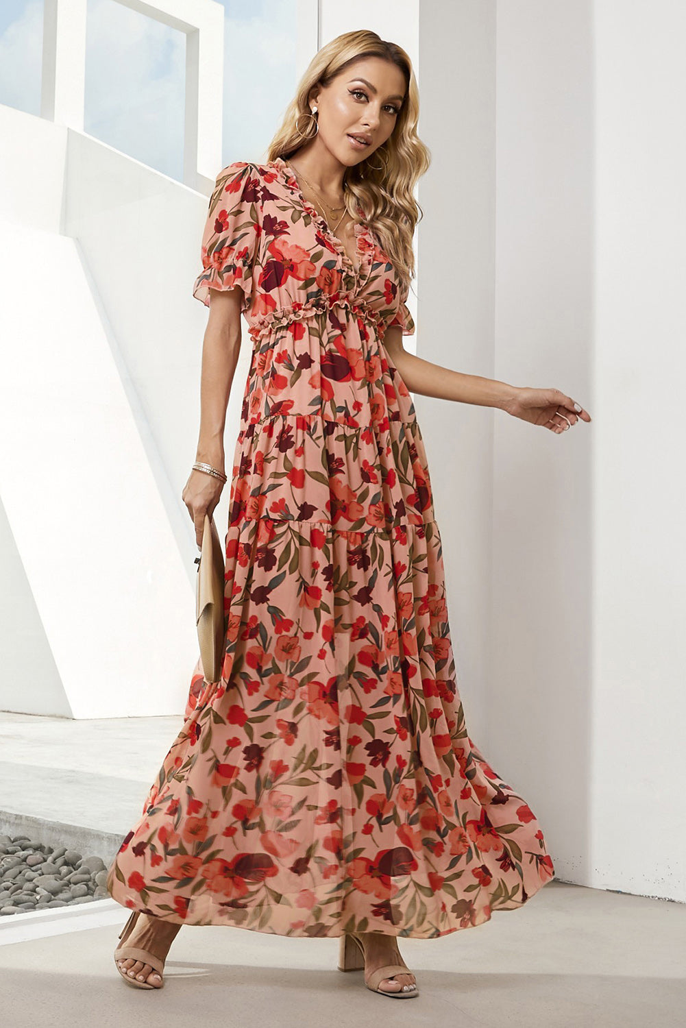 Emsira | Florales V-Ausschnitt-Kleid mit Volantärmeln