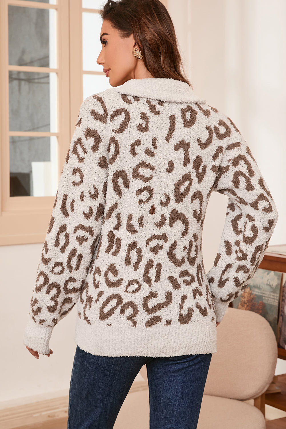 Grauer Strickpullover mit Animal-Print-Kragen Für Frauen