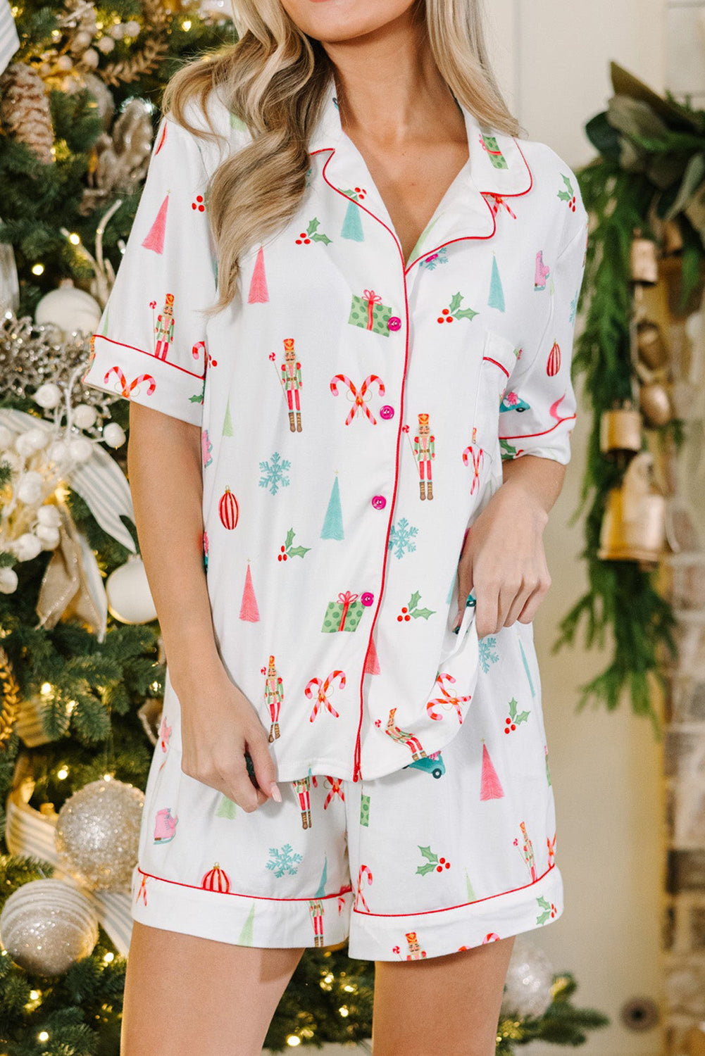 Weißes Pyjama-Set mit Weihnachtsmuster Für Frauen