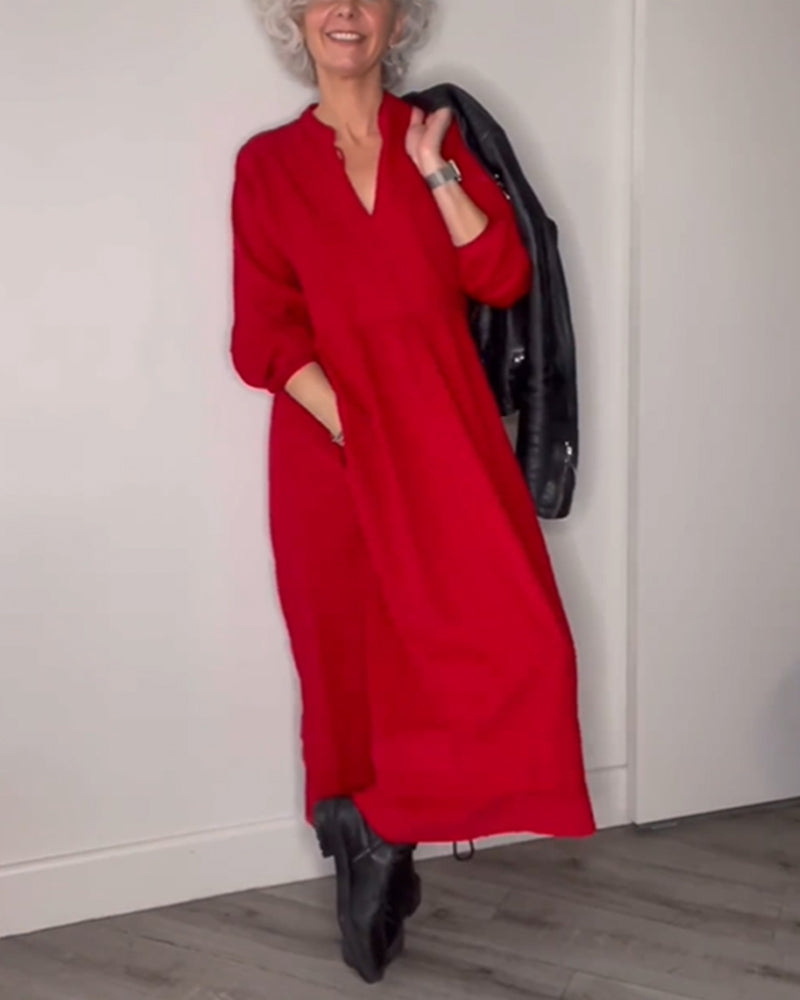 Allyana |  Elegantes langes Kleid mit V-Ausschnitt und Taschen