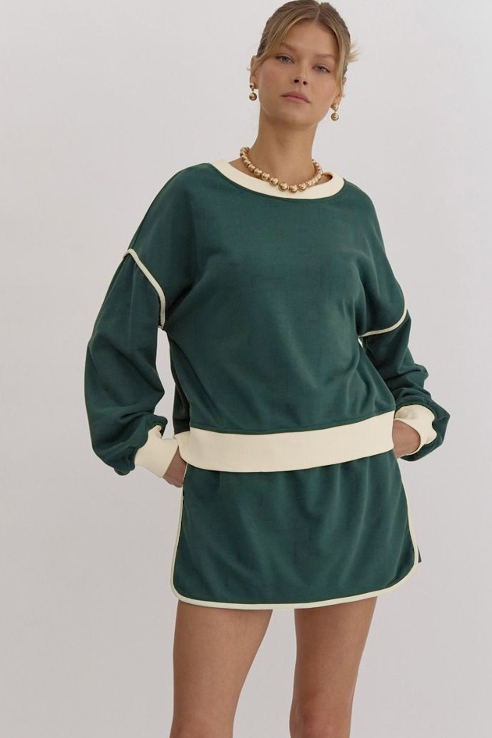 Klassisches Farbkontrast-Pullover & Rock-Shorts-Set Für Frauen