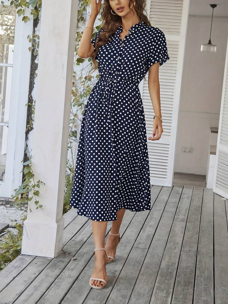 Linien Kleid mit Punkten und V Ausschnitt für Frauen