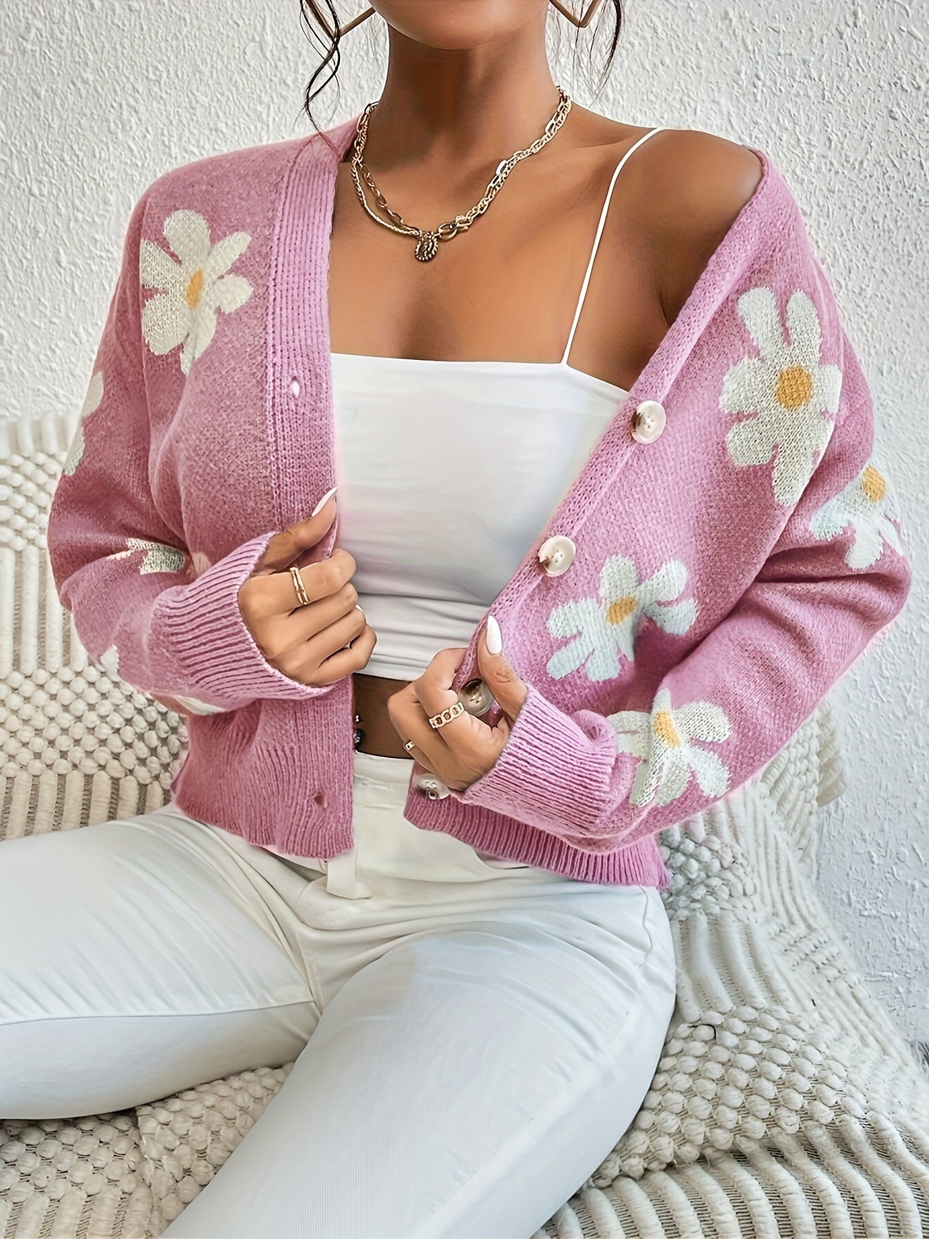 Strickpullover mit Blumenmuster und langen Ärmeln Für Frauen