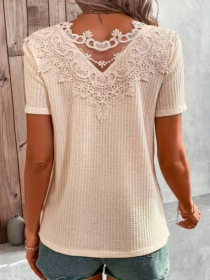 T Shirt aus kontrastierender Spitze mit Rundhalsausschnitt für Frauen