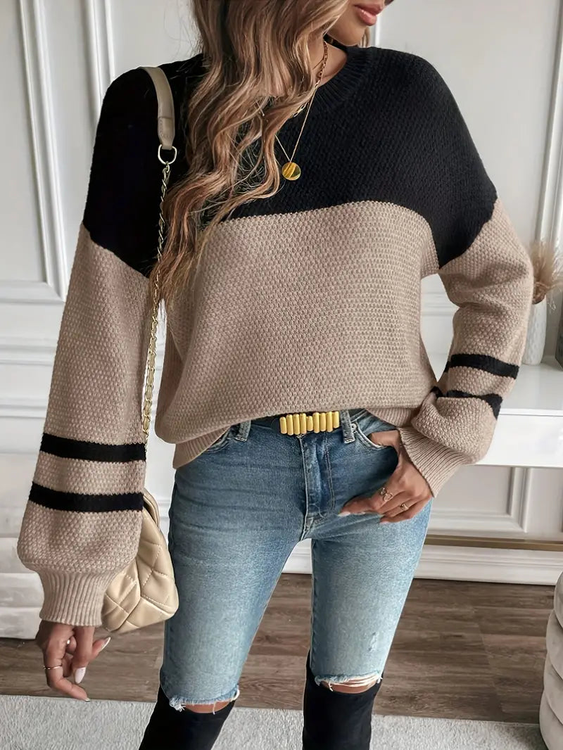 Brauner Strickpullover Mit Farbblock-Design Für Frauen