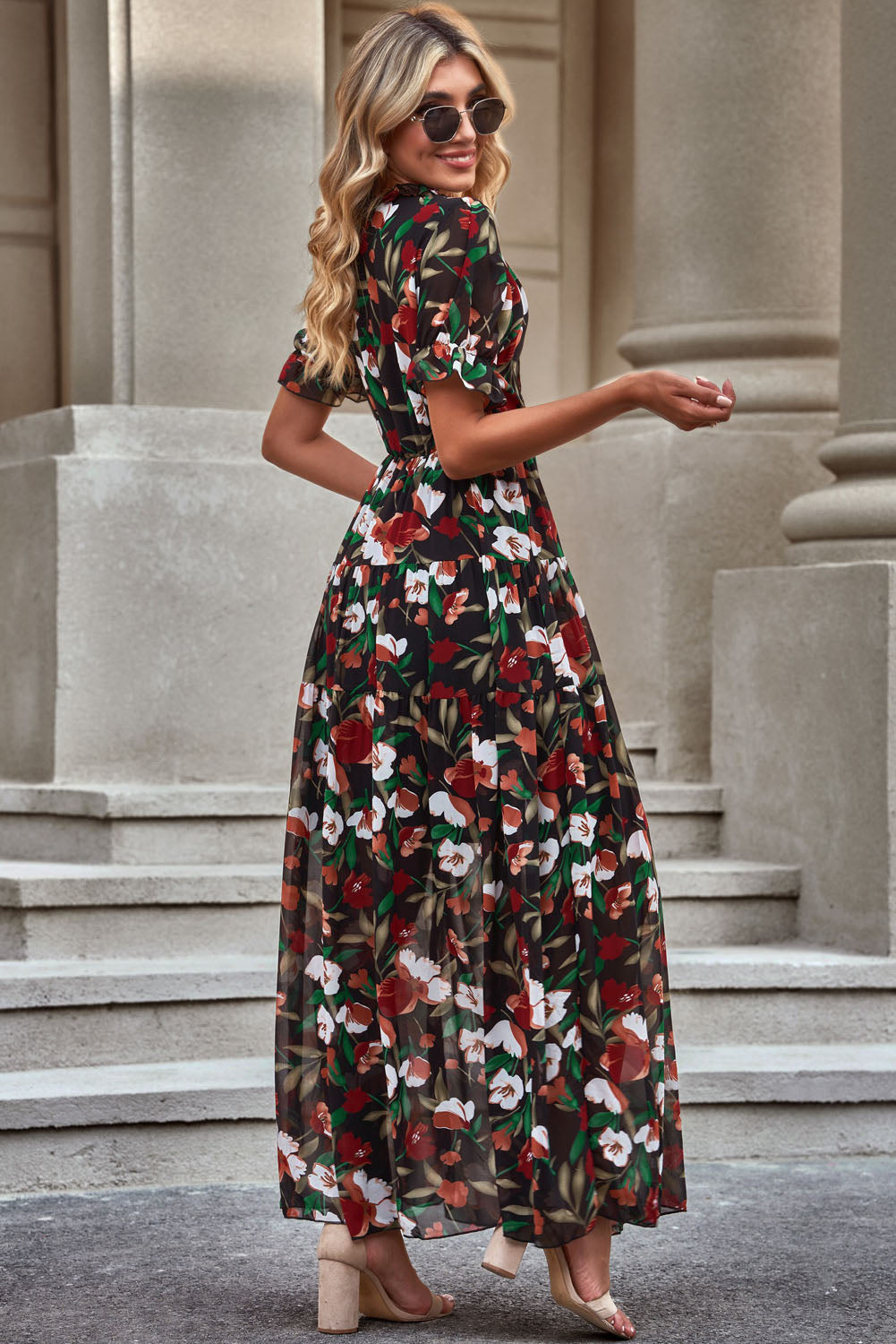 Emsira | Florales V-Ausschnitt-Kleid mit Volantärmeln