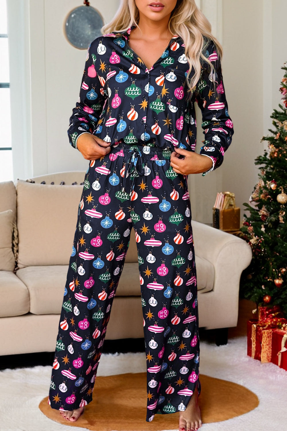 Dunkelblaues Pyjama-Set mit Weihnachtslichter-Print Für Frauen