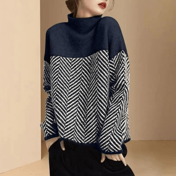Stilvoller Zweifarbiger Baumwoll-Rollkragenpullover Für Frauen