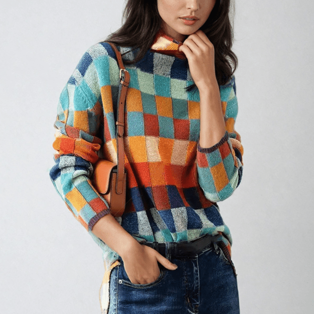 Bunter Patchwork-Rollkragenpullover Für Schicken Herbststil Für Frauen