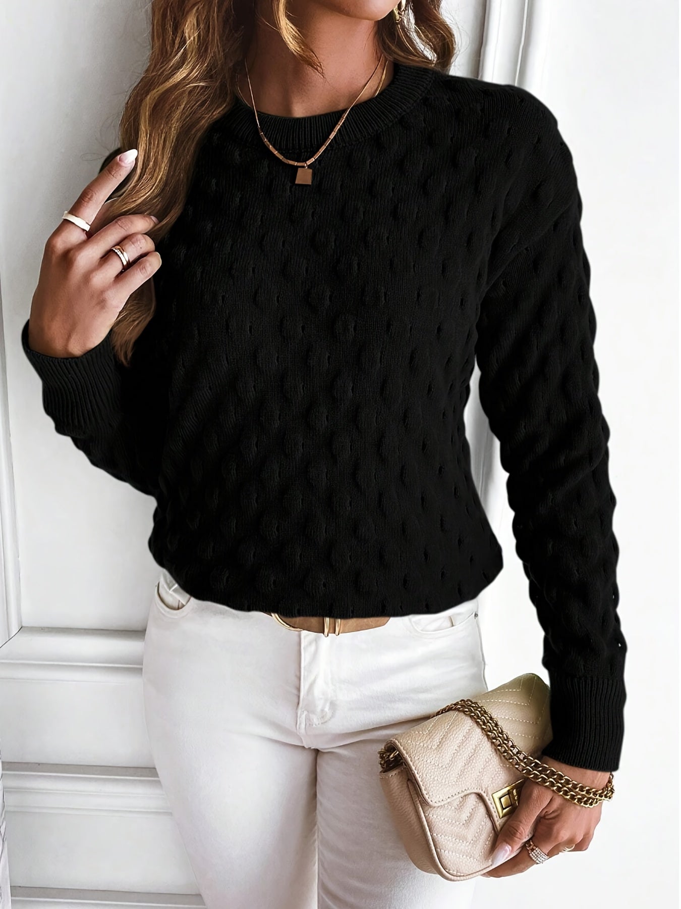 Strickpullover in Uni-Farbe mit Punktmuster Für Frauen