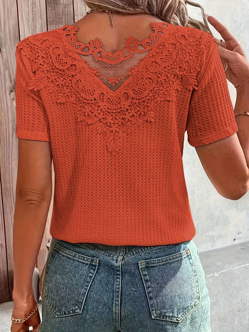 T Shirt aus kontrastierender Spitze mit Rundhalsausschnitt für Frauen