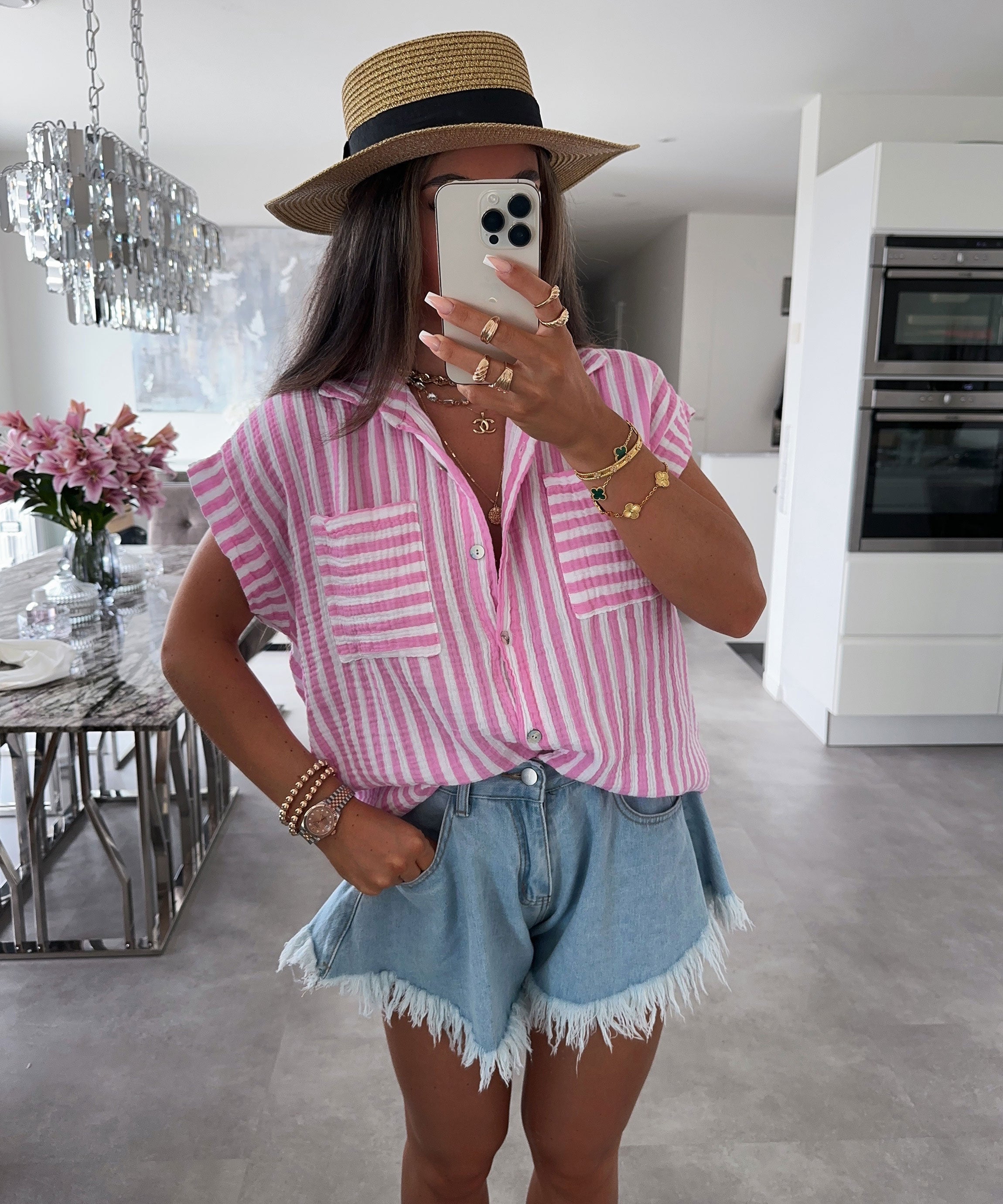 Kurzarmshirt mit Streifen in Babyrosa für Frauen