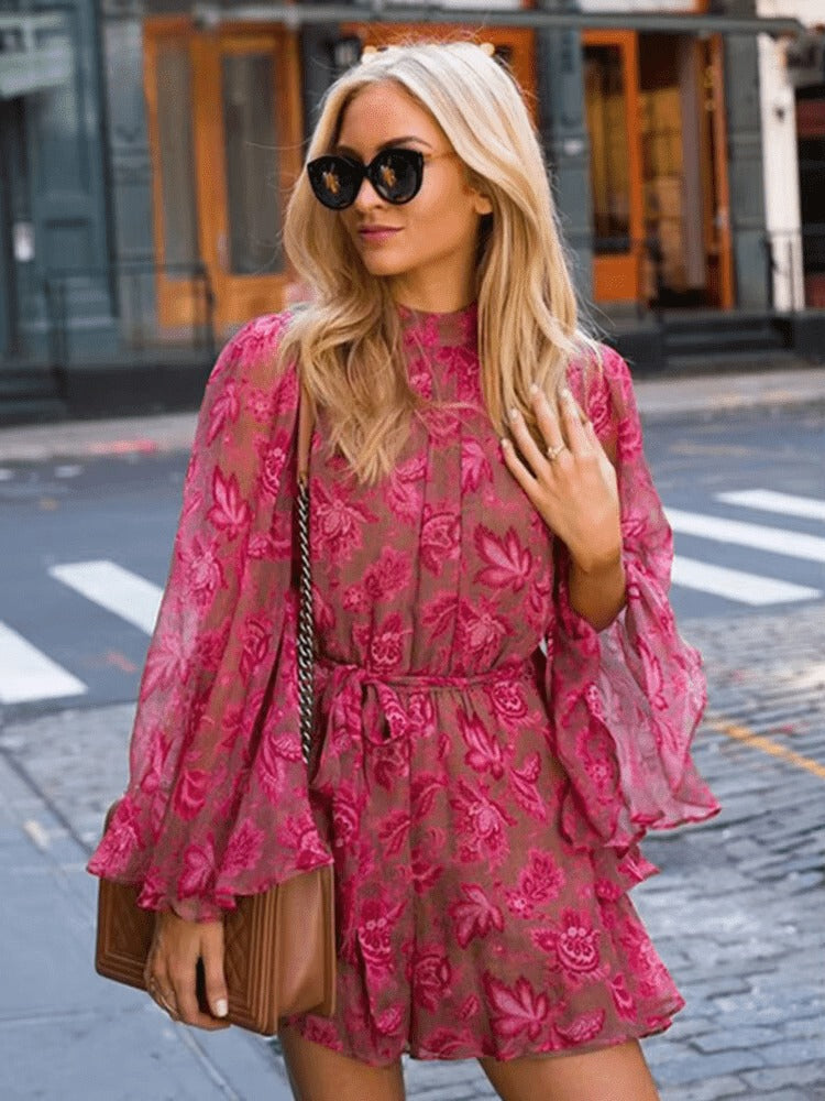 Geblümtes Chiffon Minikleid mit weiten Ärmeln und luftigem Stil für Frauen