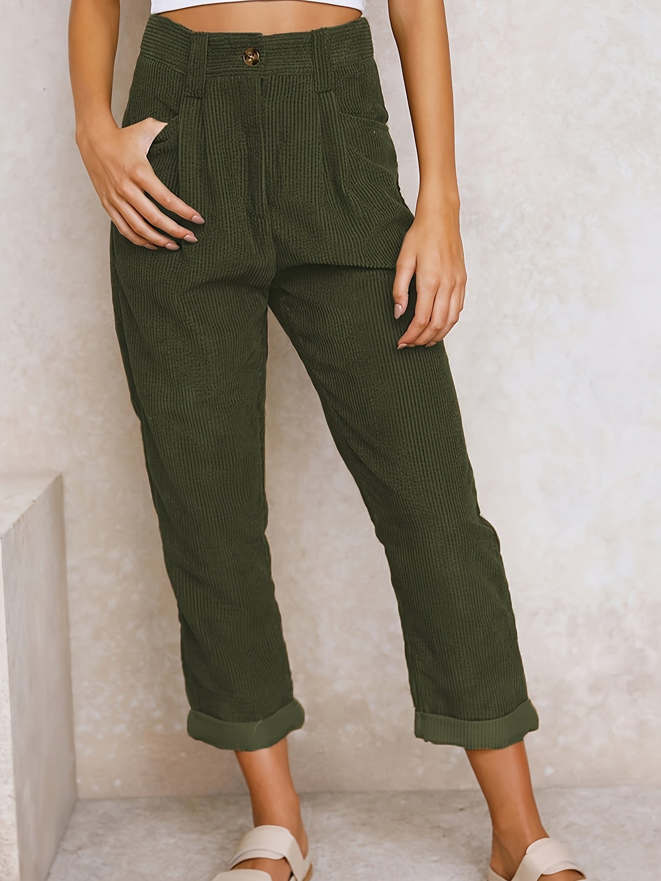 Cordhose mit hohem Bund und umgeschlagenem Saum für Frauen