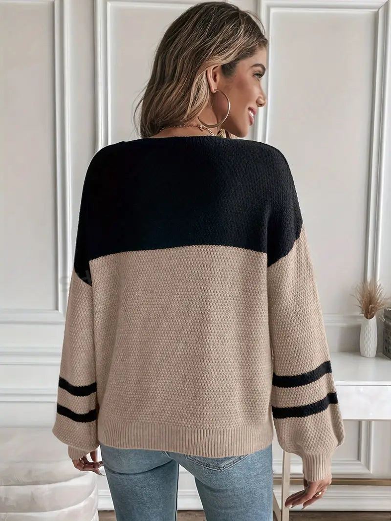 Brauner Strickpullover Mit Farbblock-Design Für Frauen