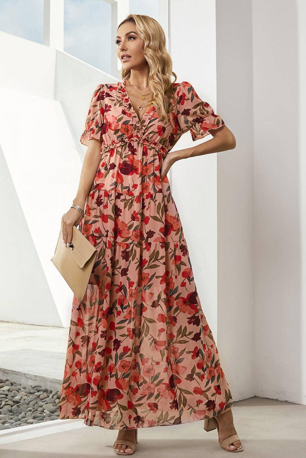 Emsira | Florales V-Ausschnitt-Kleid mit Volantärmeln