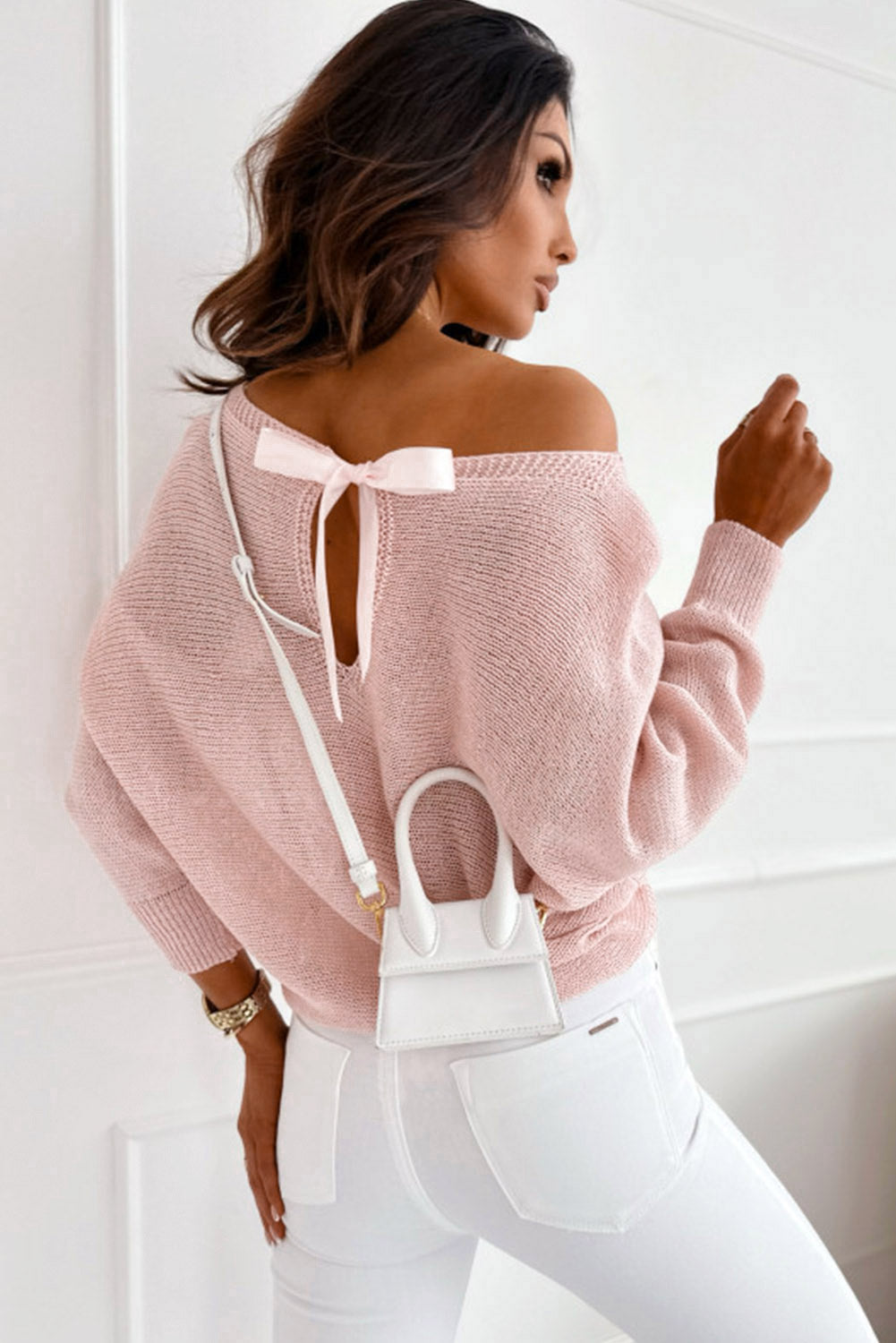 Rosa Strickpullover mit Schleifen-Details Für Frauen