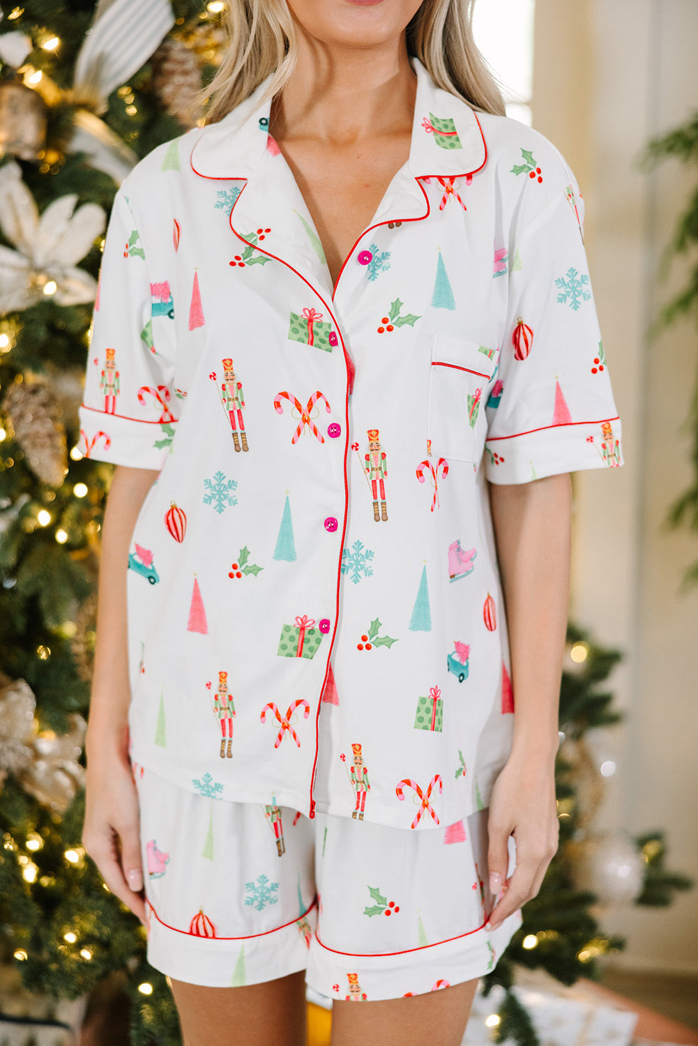 Weißes Pyjama-Set mit Weihnachtsmuster Für Frauen