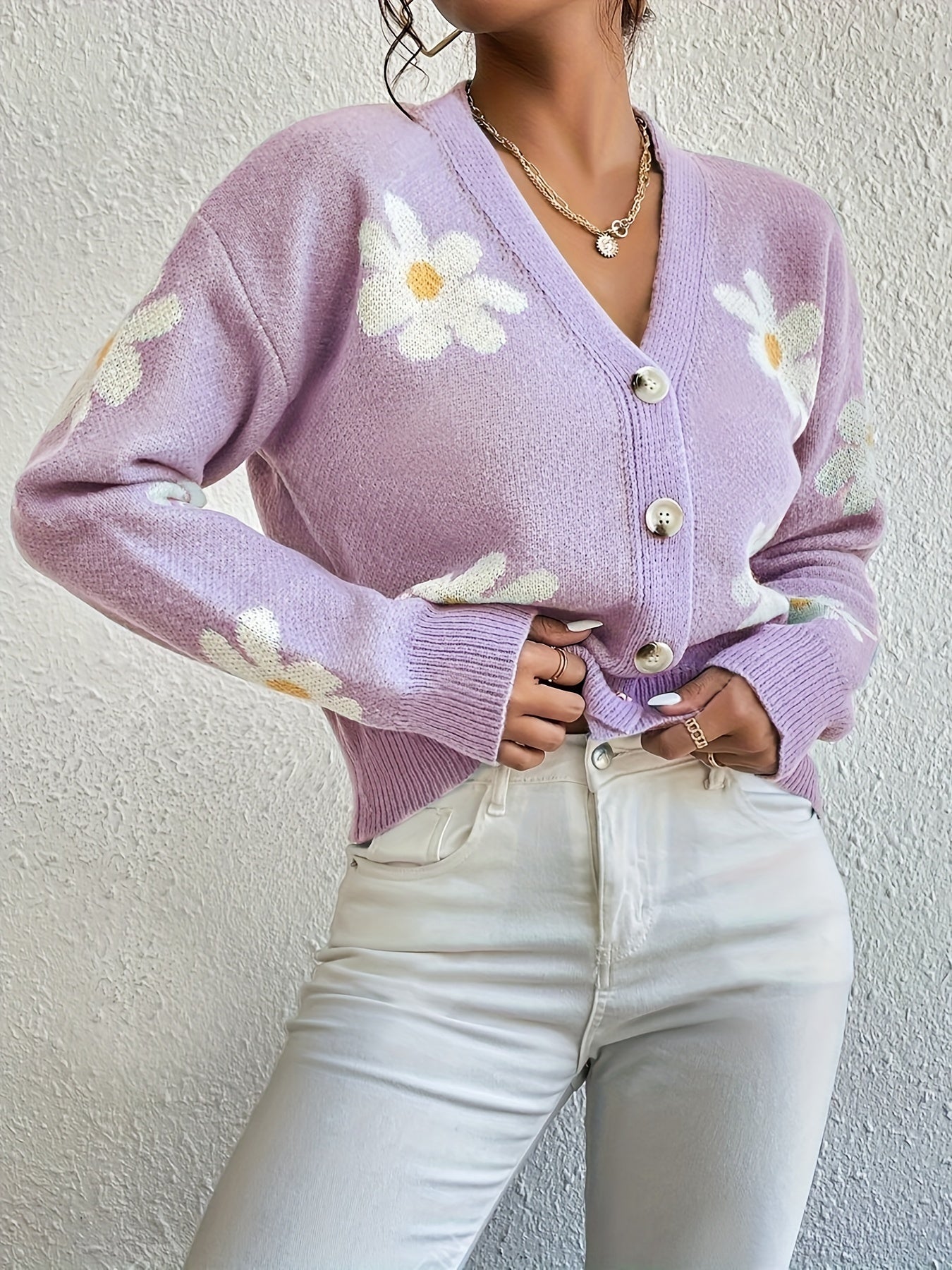 Strickpullover mit Blumenmuster und langen Ärmeln Für Frauen