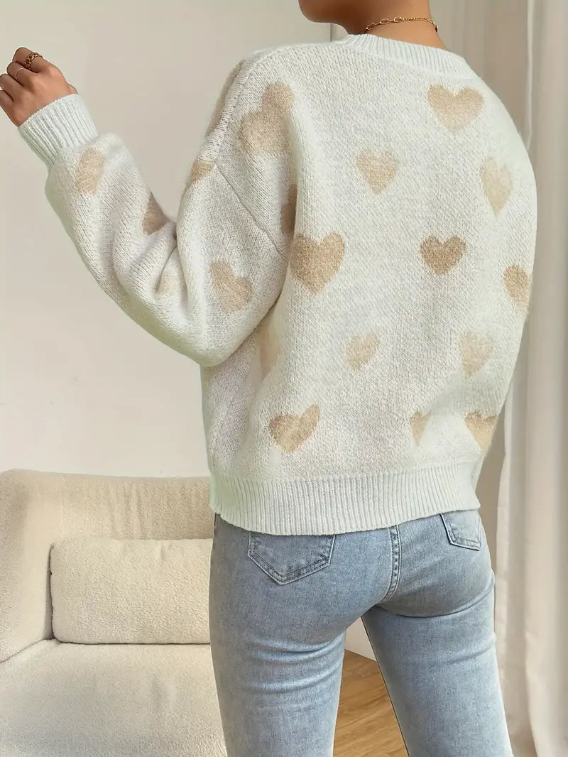 Strickpullover Mit Herzmuster Und Süßem Akzent Für Frauen