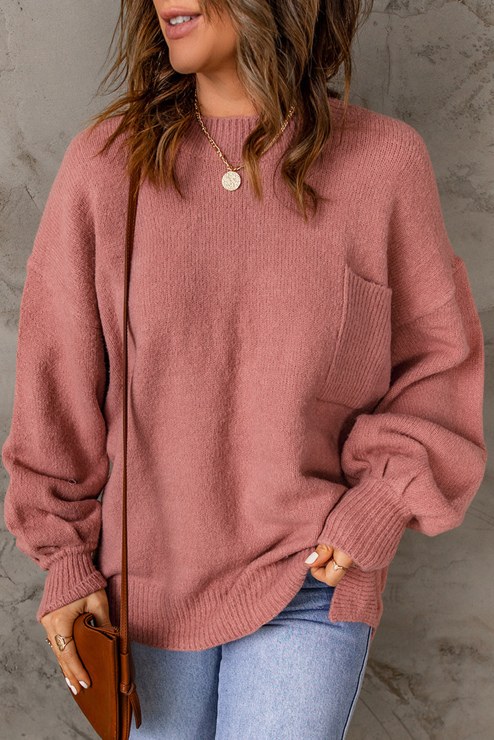 Strickpullover mit Puffärmeln und Taschen Für Frauen