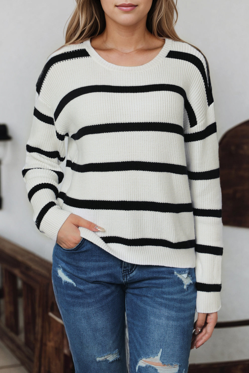 Gestreifter Strickpullover mit Knopf-Details Für Frauen