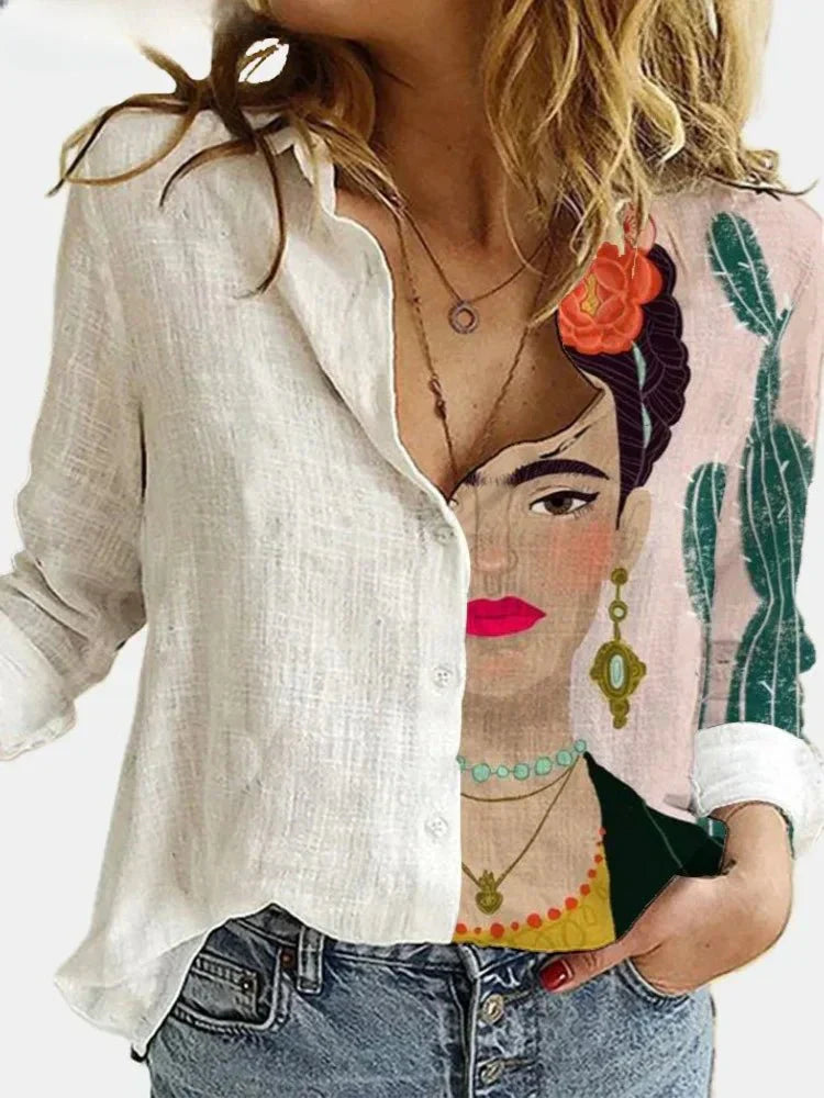 Baumwoll-Leinen-Bluse mit Knopfleiste für Damen