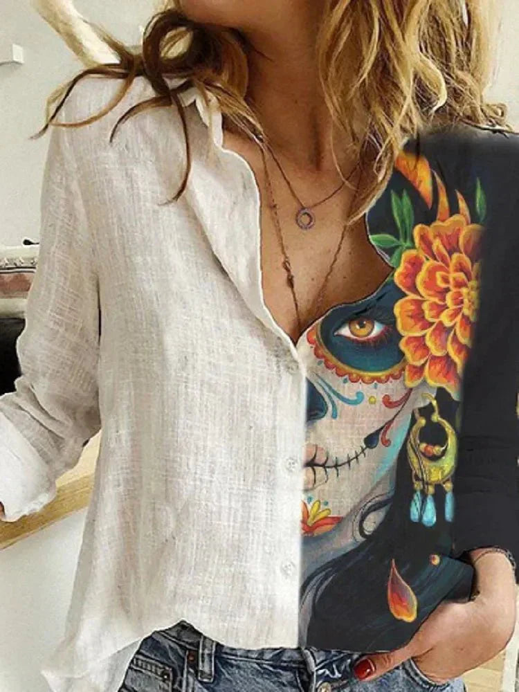 Baumwoll-Leinen-Bluse mit Knopfleiste für Damen