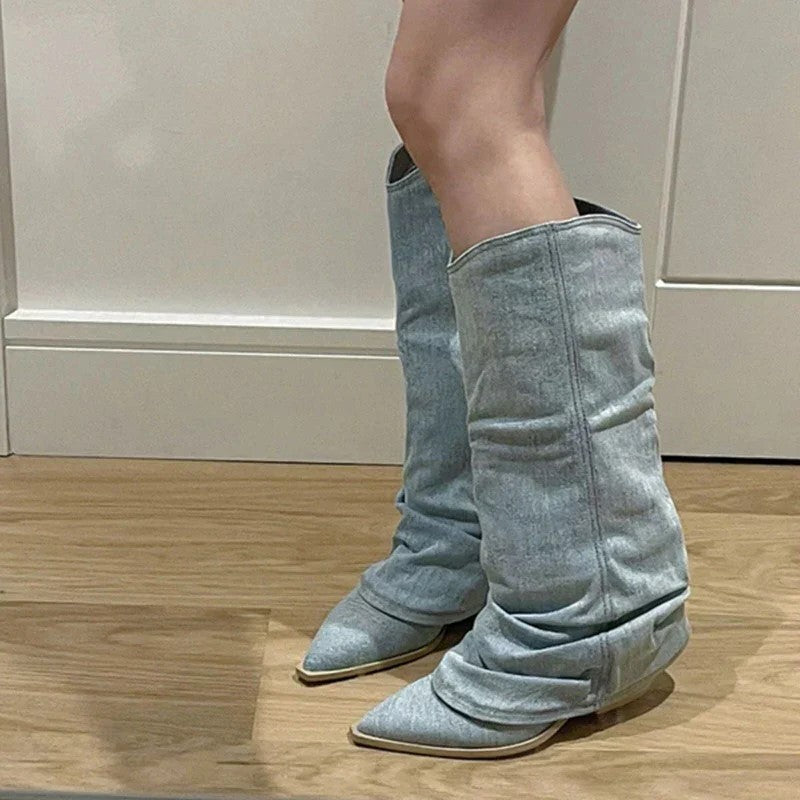 Modische Denim-Kniestiefel mit trendigem Look für Damen