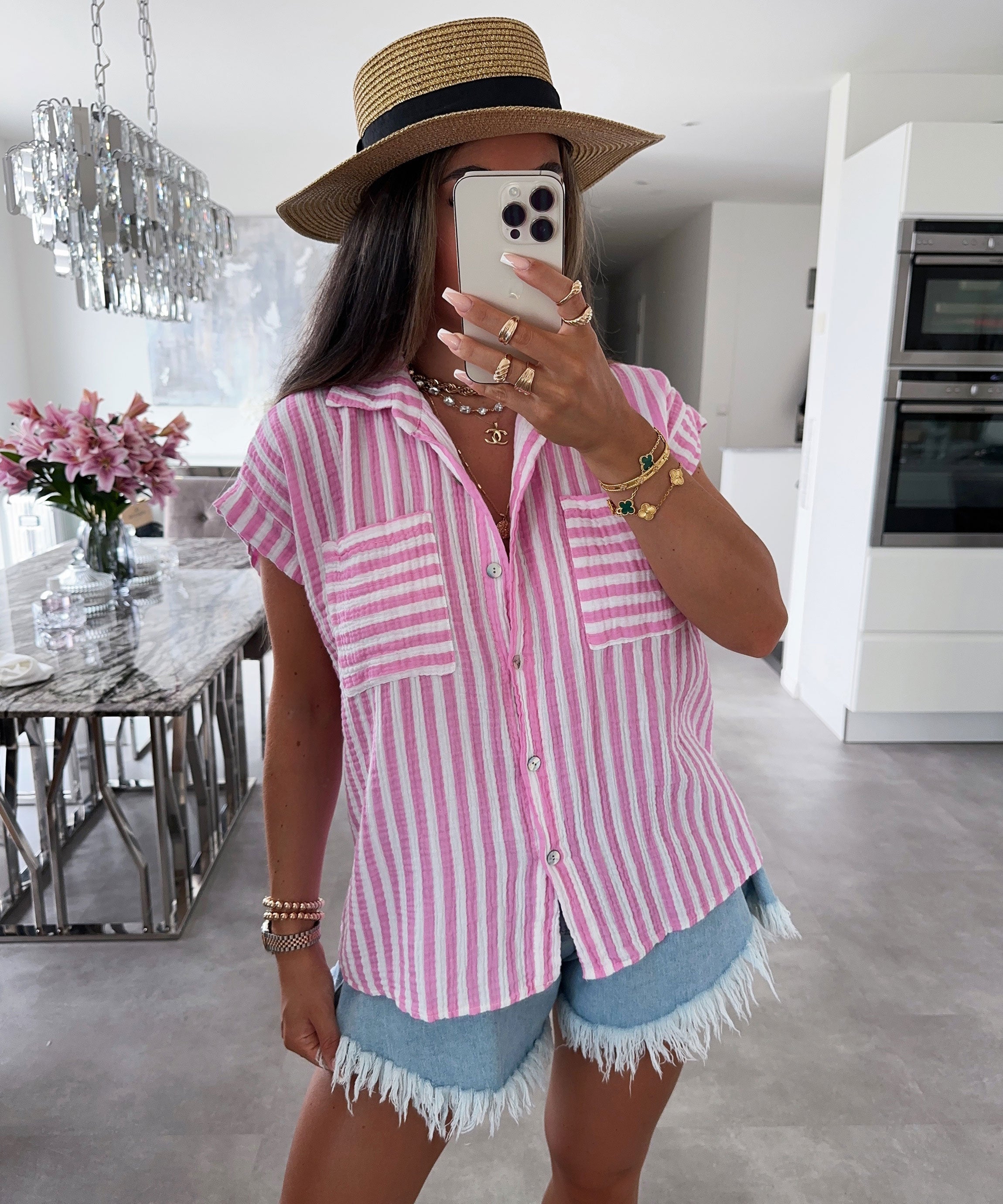 Kurzarmshirt mit Streifen in Babyrosa für Frauen