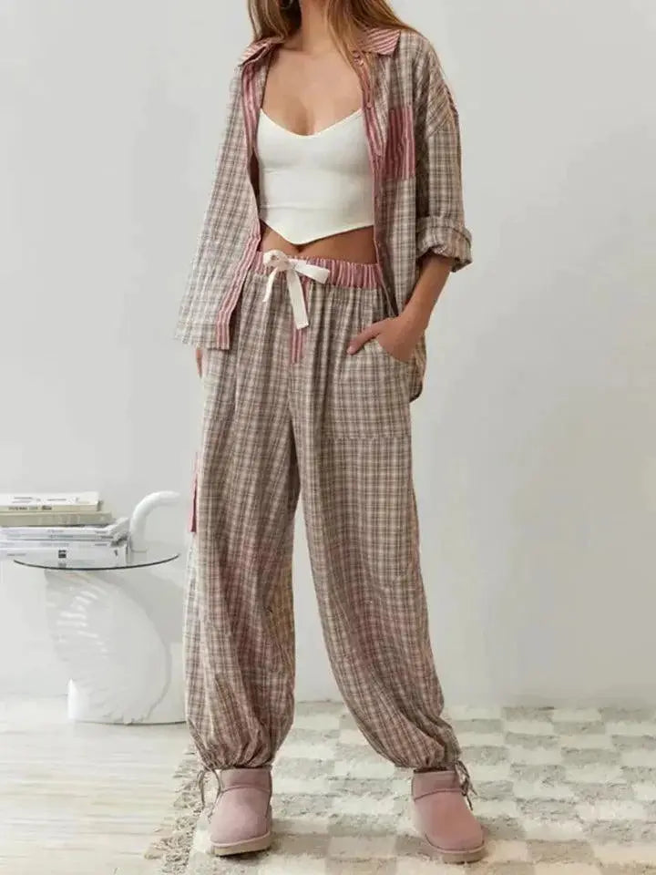 Klassisches Kariertes Pyjama-Set mit langen Ärmeln und Hose Für Frauen