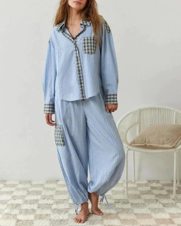 Klassisches Kariertes Pyjama-Set mit langen Ärmeln und Hose Für Frauen