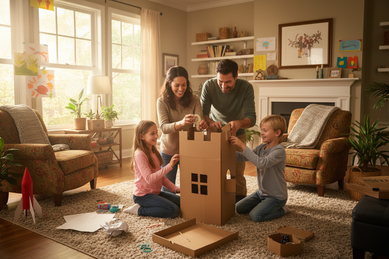 happy family in comfy house building something together smiling