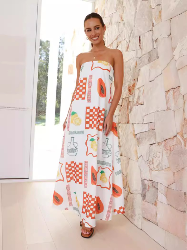 Dreya | Schulterfreies Maxikleid mit Print