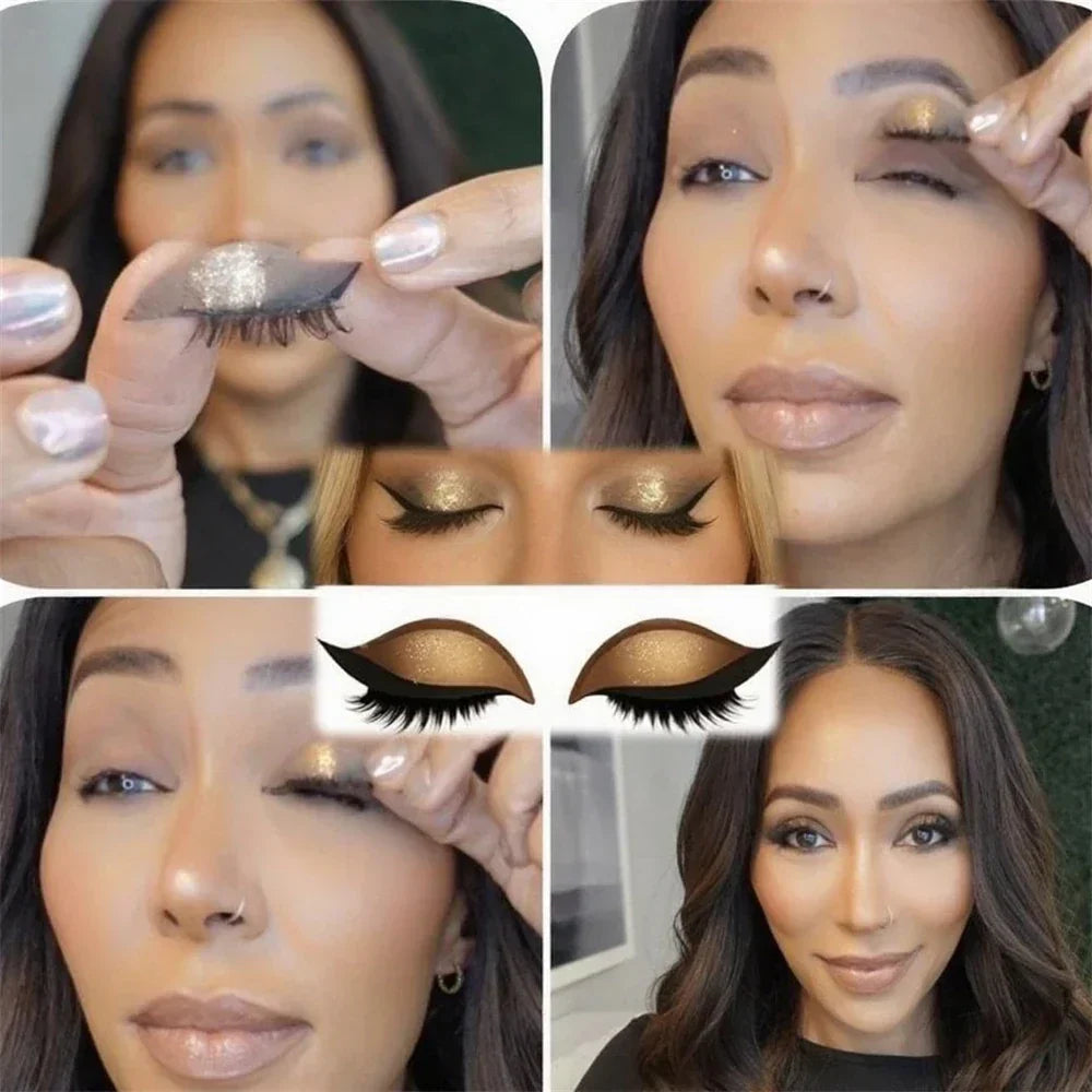 Step-by-step application of gold Augen make-up sticker wiederverwendbar showing before and after