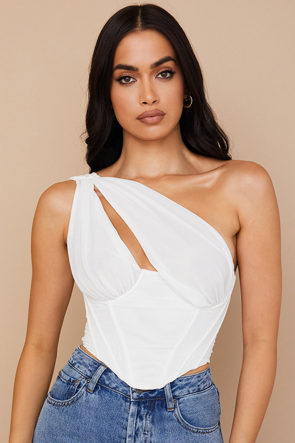 Weißes Mesh Korsett mit Cut Outs und moderner Eleganz für Frauen