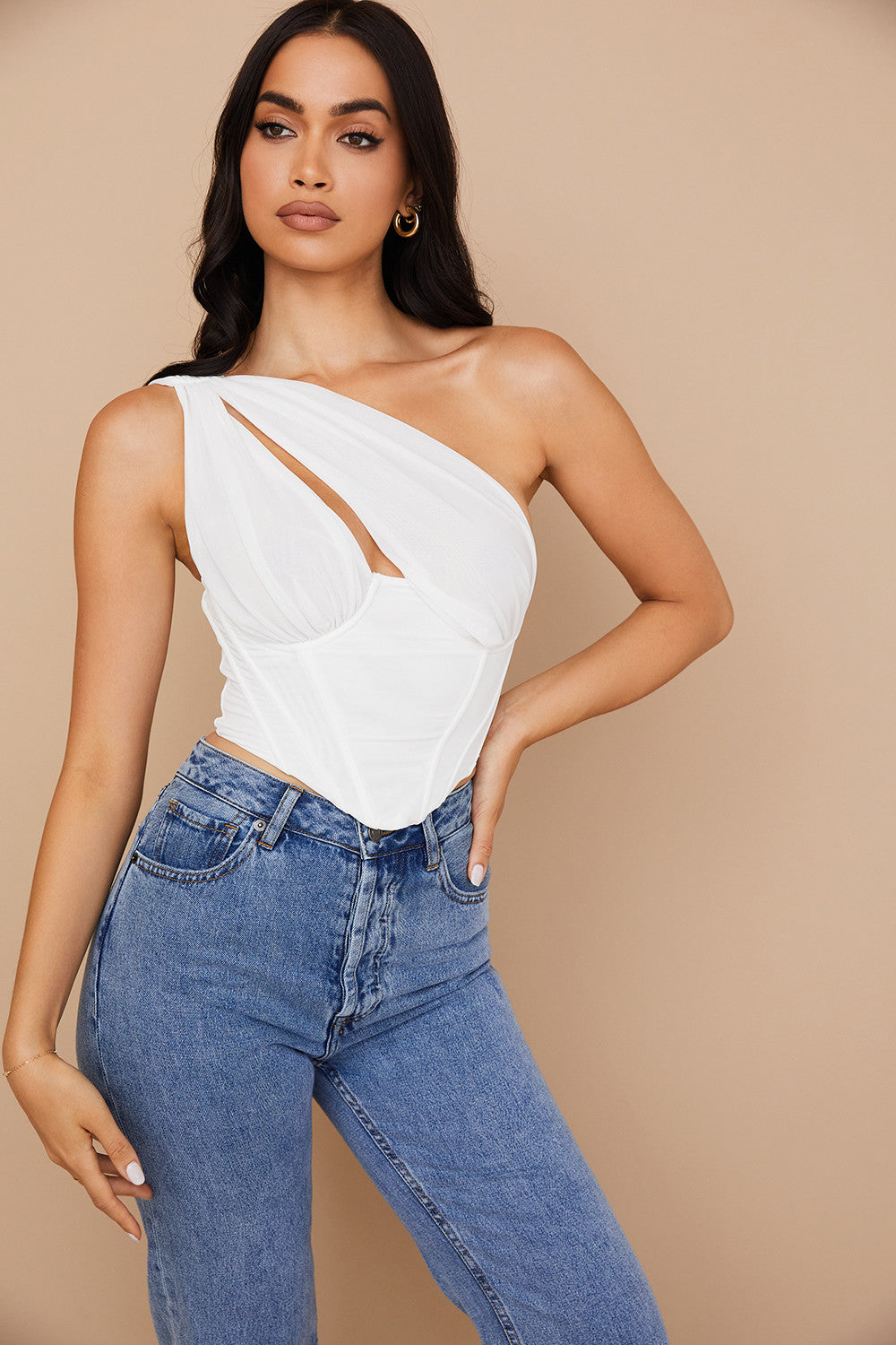 Weißes Mesh Korsett mit Cut Outs und moderner Eleganz für Frauen