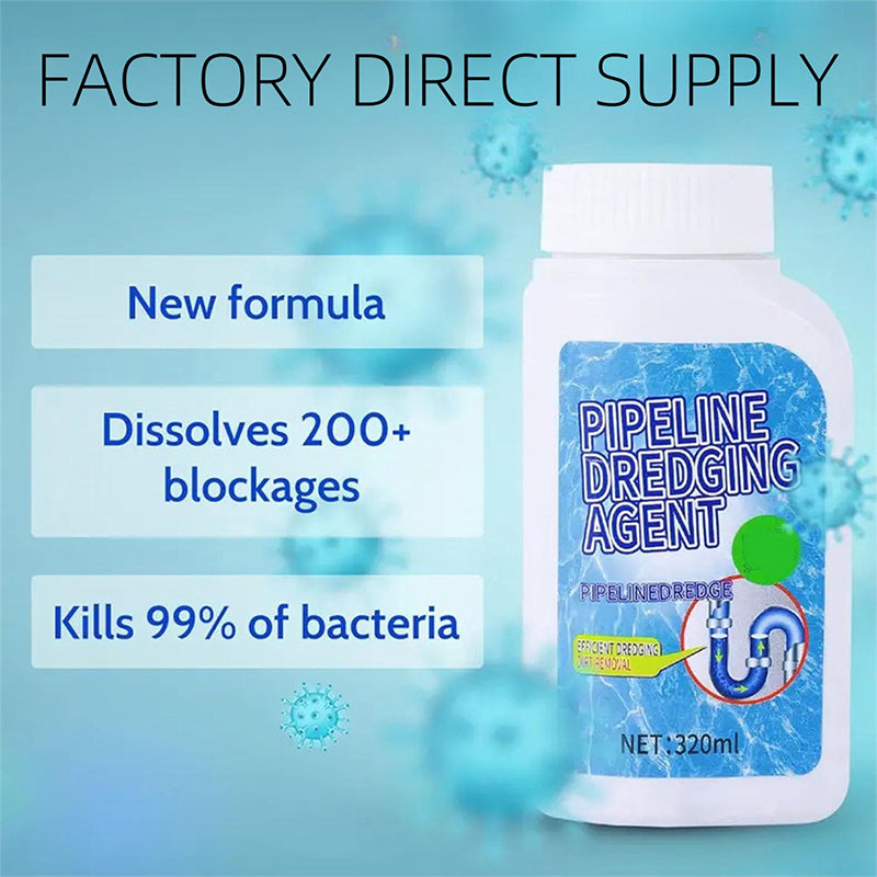 Abflussreiniger bottle with benefits text dissolves blockages kills bacteria