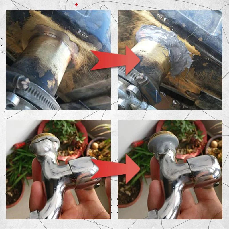 Before after comparison showing 2-Komponenten Epoxidkleber repairs on engine and metal