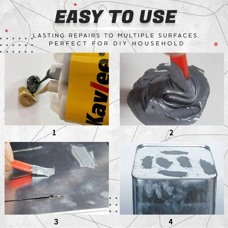 2-Komponenten Epoxidkleber usage instructions showing 4-step application process for repairs