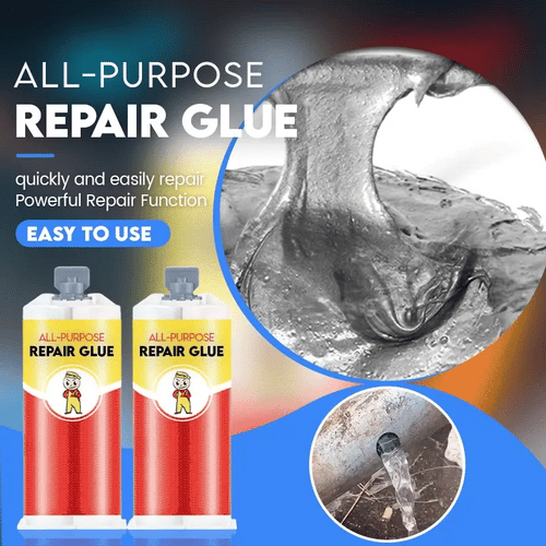All-purpose repair glue advertisement showing 2-Komponenten Epoxidkleber tubes and applications